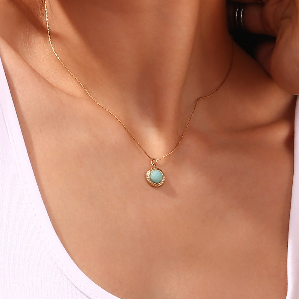 Vintage Palace Style Geometric Stainless Steel 18K Gold Plated Necklace for Women with Natural Stone and Shell Pendant