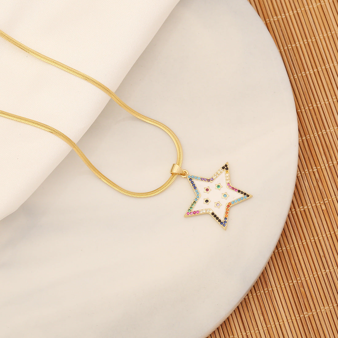 Handmade Heart and Star Shaped Natural Stone Necklace in Copper Pendant on Stainless Steel Clavicle Chain for Women