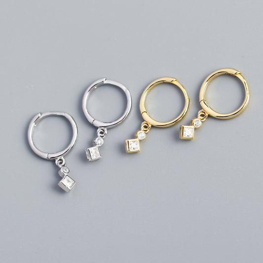 Minimalist 925 Sterling Silver Square Geometric Rhinestone Inlay Hoop Earrings for Women