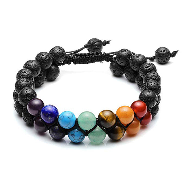 Minimalist Natural Volcanic Lava Stone and White Turquoise Woven Double Layer Adjustable Bracelet