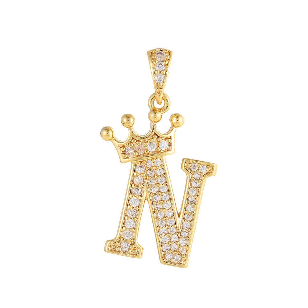 Gold Plated Brass Crown Letter Charm Bar with Cubic Zirconia for DIY Necklace Bracelet