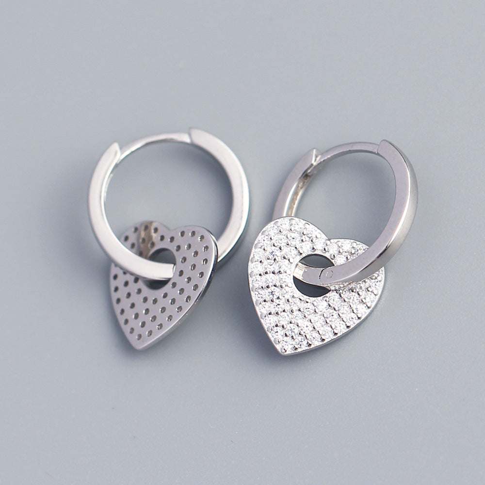 Minimalist Heart-Shaped S925 Sterling Silver Stud Earrings with Rhinestone Inlay for Women