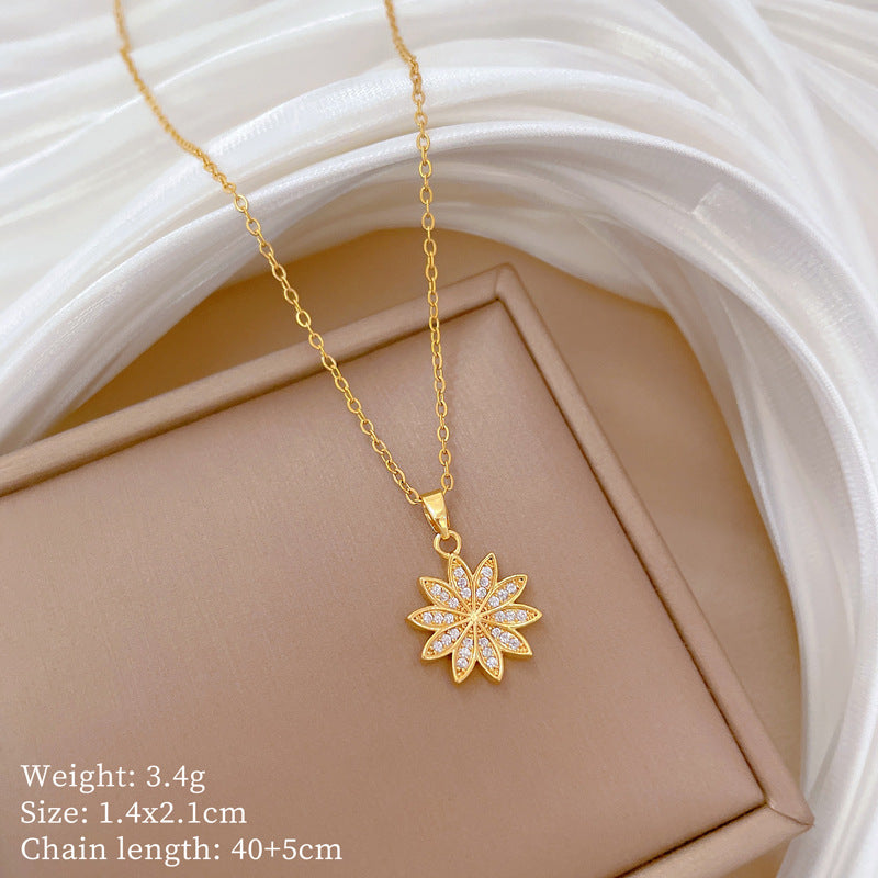 Geometric Minimalist Titanium Steel Lip Chain Necklace with Copper Pendant and Rhinestone Inlay
