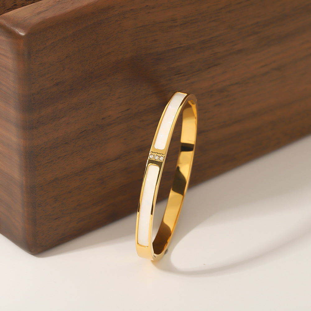 Minimalist Titanium Steel Bracelet with White Abalone Inlay and Rhinestone Accents, 18K Gold Plated for Fade-Resistant Finish