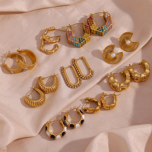 Pendientes geométricos en U de acero titanio con baño de oro de 18 quilates, de inspiración vintage, para mujer