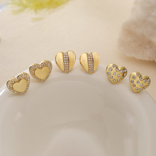 Pendientes Minimalistas de Cobre con Forma de Corazón, Chapados en Oro de 18K y con Incrustaciones de Circonita Cúbica para Mujer