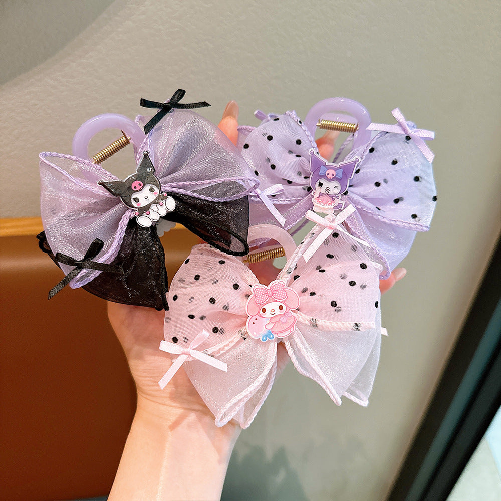 Cartoon Style Bow Hair Clip for Girls with Tulle and Sanrio-Inspired Character Design