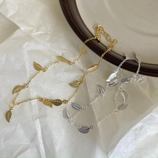 Tobillera Minimalista de Plata de Ley 925 con Estrella y Hoja para Mujer