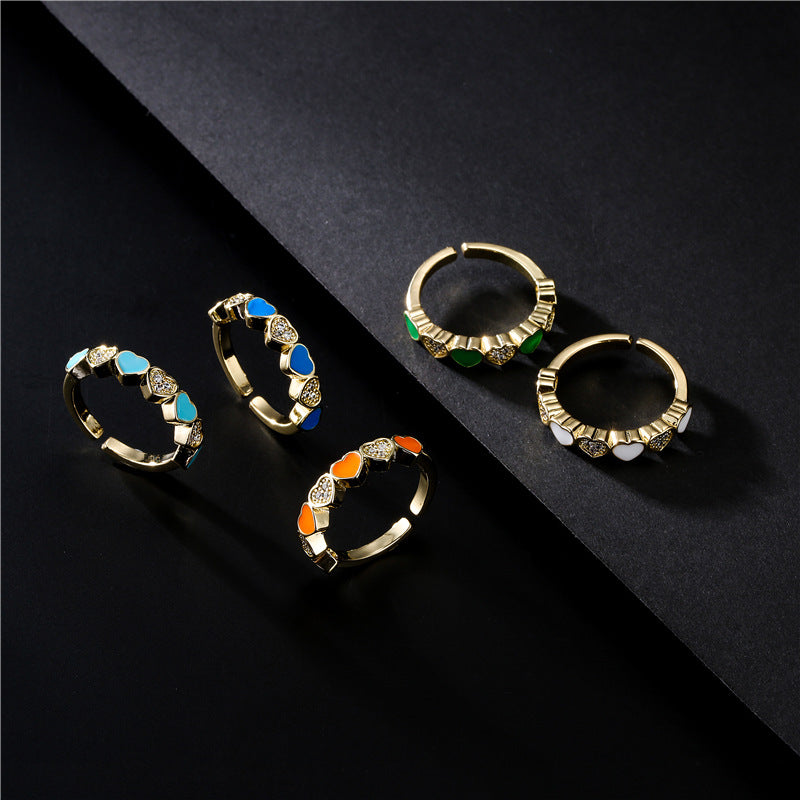 Drip Oil Heart Shaped Brass Ring with Micro-Inlaid Cubic Zirconia for Women