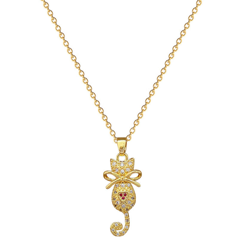 Minimalist Cat Bowknot Pendant Necklace for Women Stainless Steel Chain with Rhinestone Accents Lightweight Elegant Clavicle Necklace