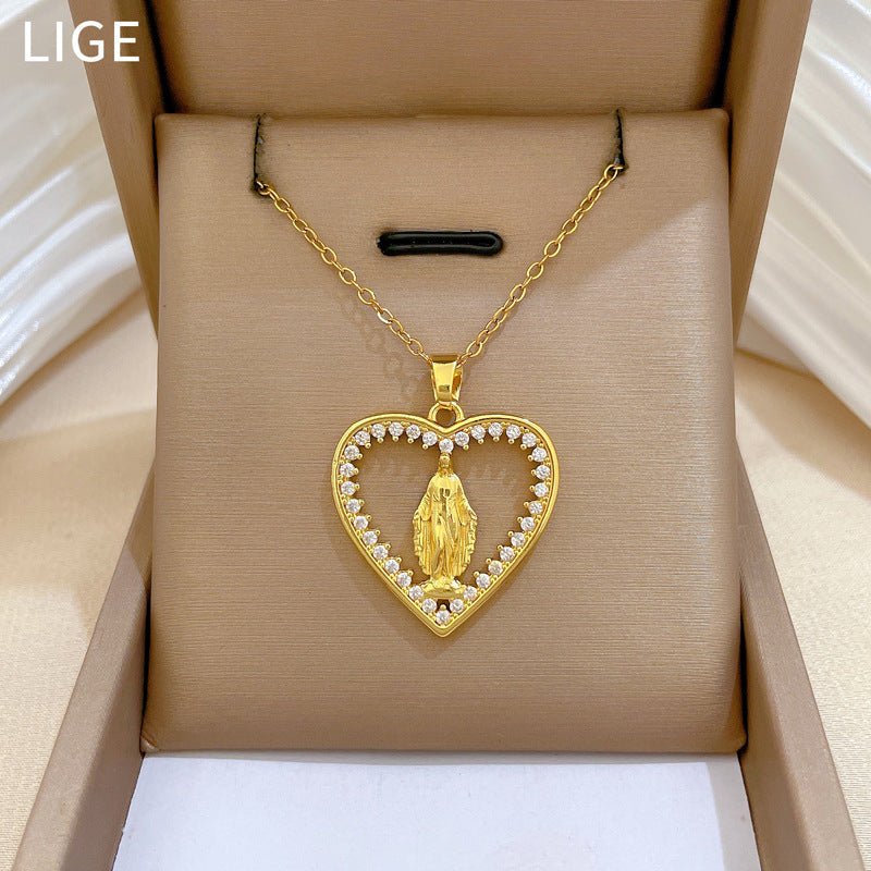 Sweet Minimalist Heart Geometric Cartoon Rhinestone Pendant Titanium Steel Necklace for Unisex