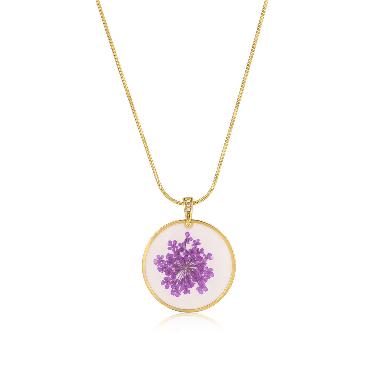 Minimalist Geometric Five-Point Heart Resin Enamel Pressed Dried Flower Pendant Necklace in Stainless Steel