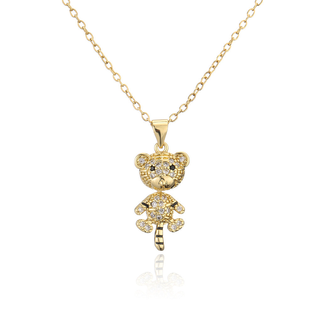 Minimalist Tiger Animal Pendant Necklace in Copper with Gold Plating and Micro-Pave Zirconia