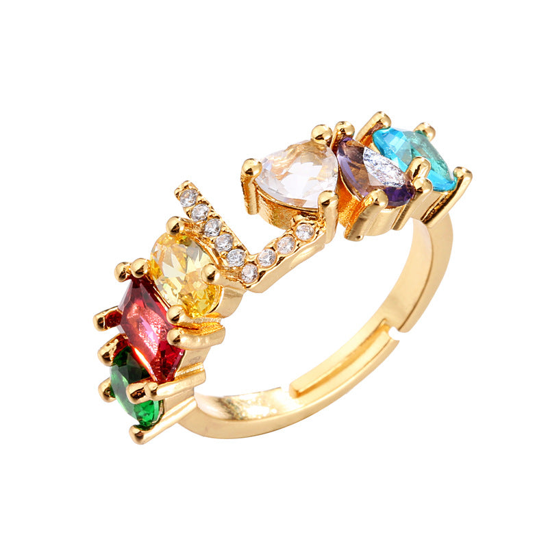 Hand-Set Cubic Zirconia Letter Open Ring Gold Plated Brass Adjustable Women