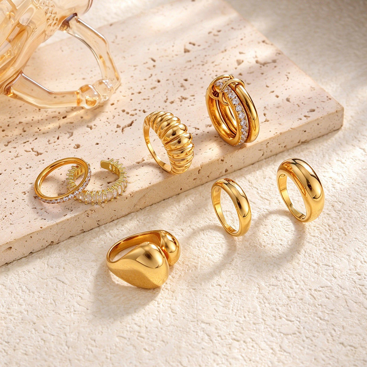 Luxury Minimalist 18K Gold Plated Stainless Steel Rhinestone Inlaid Geometric Open Ring for Women
