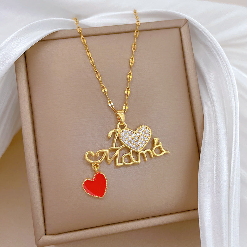 Sweet Drip Oil Heart Rhinestone Titanium Steel Necklace with Cable Chain