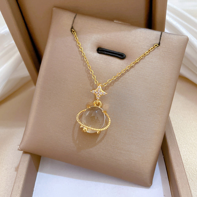 Sweet Elegant Geometric Moon Titanium Steel Plated Rhinestone Necklace for Unisex