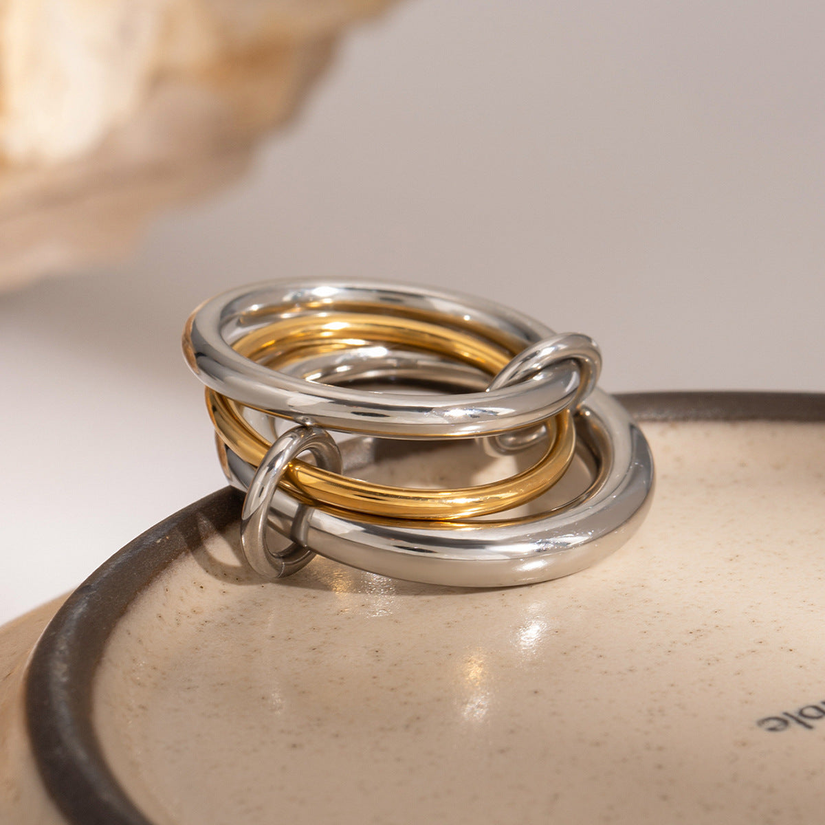 Geometric Round Plated Stainless Steel Stacking Ring Set