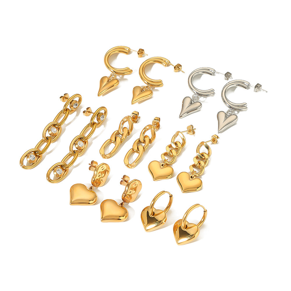 Ins Style Heart Shaped 18K Gold Plated Titanium Steel Statement Earrings with Geometric and Irregular Circle Design