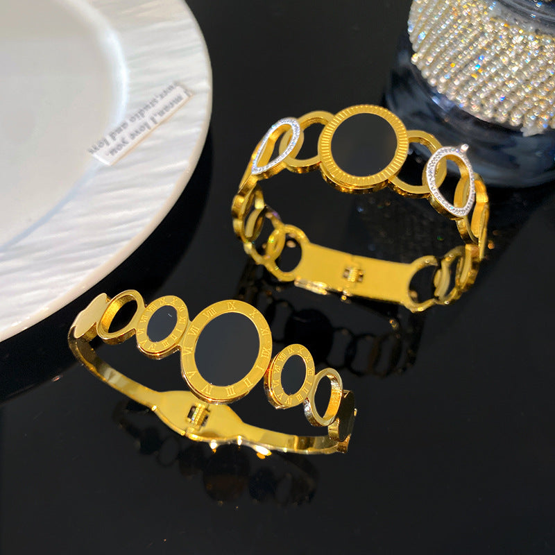 Minimalist Hollow Round Titanium Steel Bracelet with Rhinestone Inlay for Women