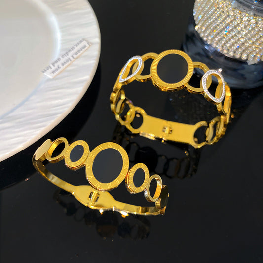 Minimalist Hollow Round Titanium Steel Bracelet with Rhinestone Inlay for Women