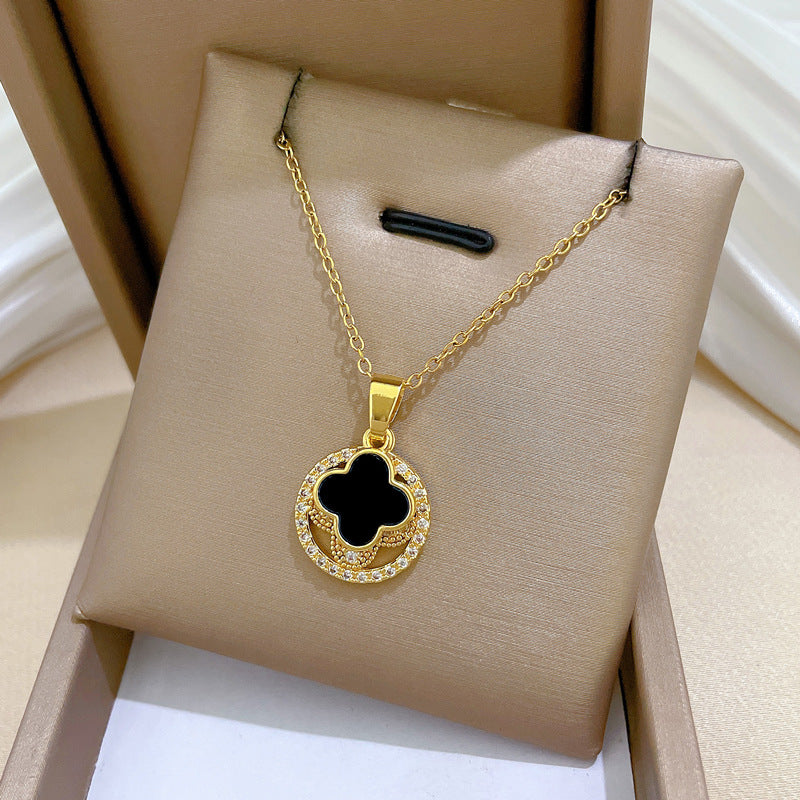 Collar de trébol de la suerte para mujer, de acero inoxidable con incrustaciones de diamantes de imitación, estilo dulce y fresco, cadena para la clavícula