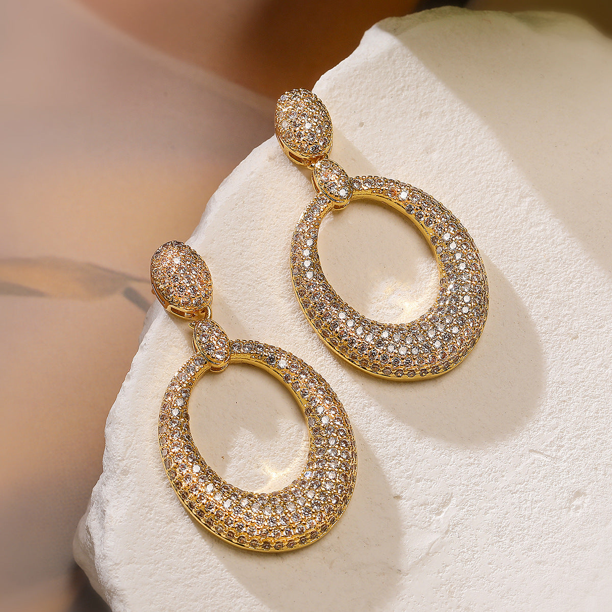Minimalist Geometric Copper Earrings with 18K Gold Plating and Zircon Inlay for Women