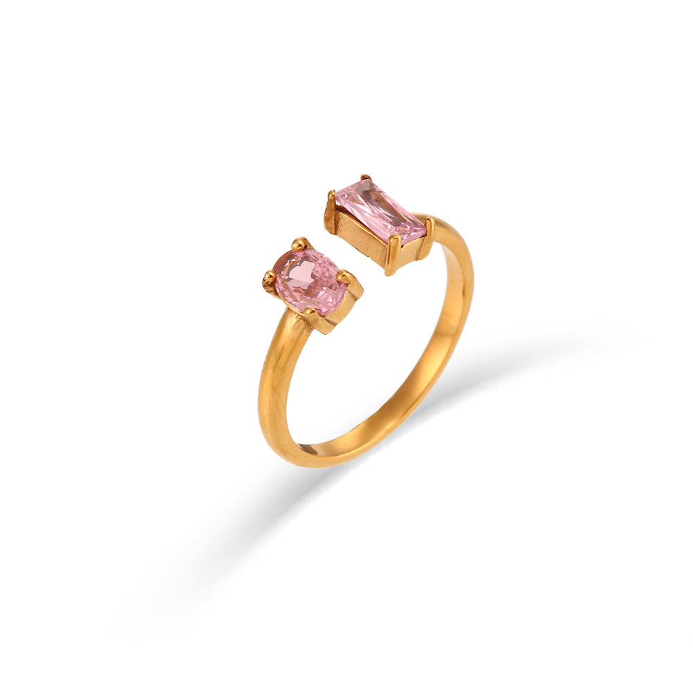 Anello Aperto da Donna Minimalista Geometrico in Acciaio Inossidabile Placcato con Zirconi Ovali e Quadrati