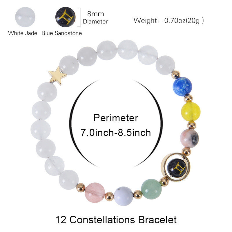 Unisex Blue Sandstone Beaded Bracelet with Zodiac Constellation Engraving
