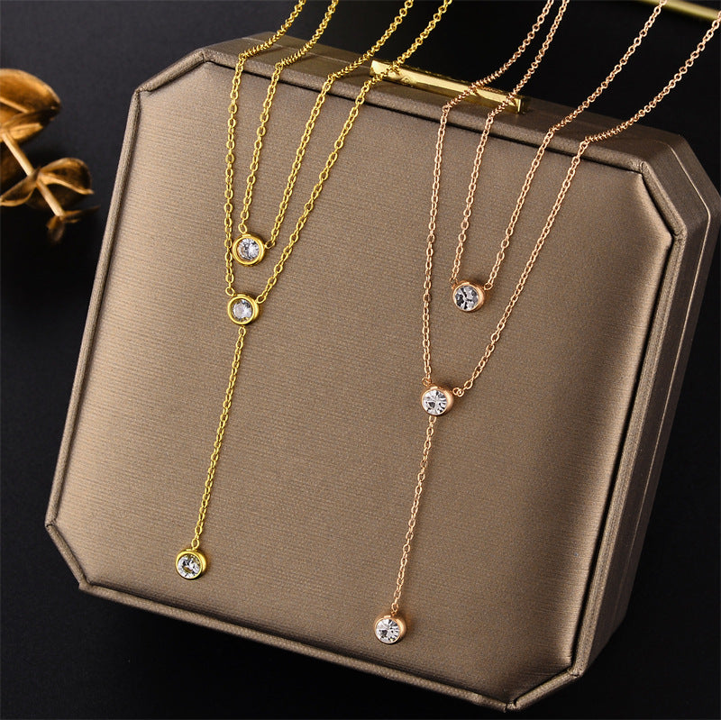 Double Layer Tassel Titanium Steel Necklace for Women Sweater Chain Layering Geometric Pendant
