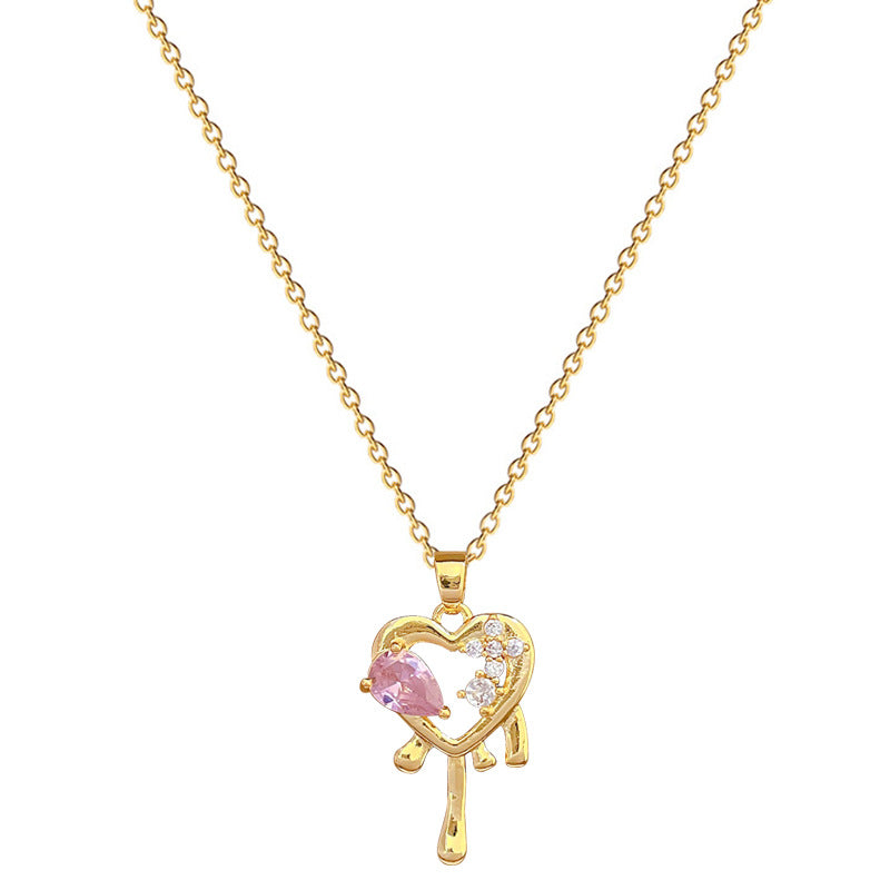 Collana da donna in acciaio inossidabile con cuore romantico e motivo floreale, intarsi in strass, elegante catena per clavicola