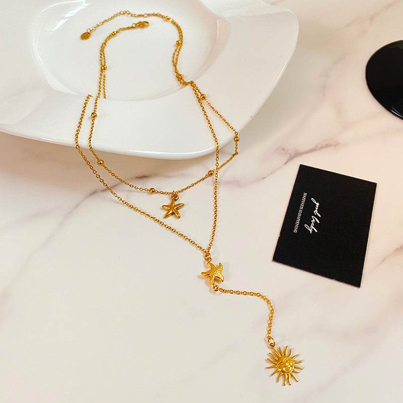 Vintage Star Moon Titanium Steel Plated Layered Tassel Necklace for Unisex