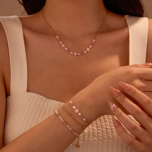 Fashion 18K Gold Plated Geometric Baroque Pearl Stainless Steel Necklace Bracelet Set for Women