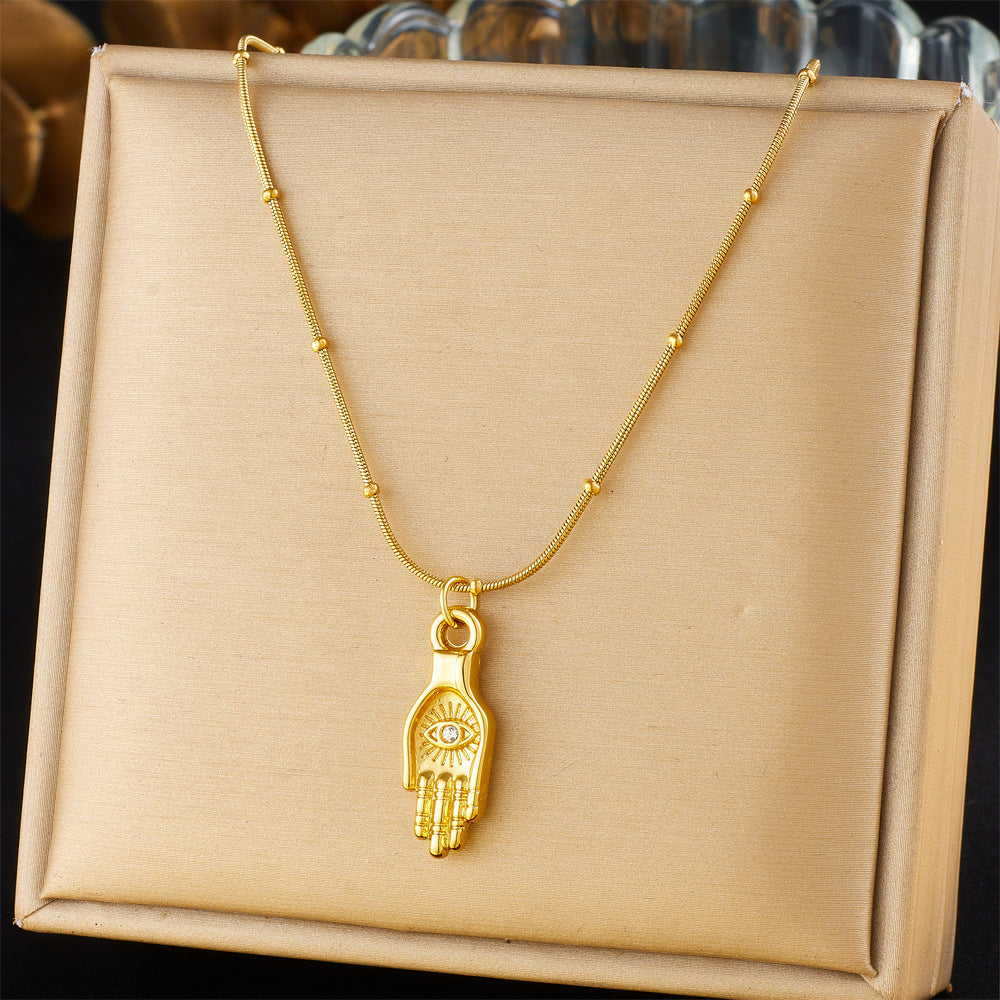 Collana con ciondolo a mano con occhio di Allah vintage in acciaio inossidabile con finitura placcata da donna