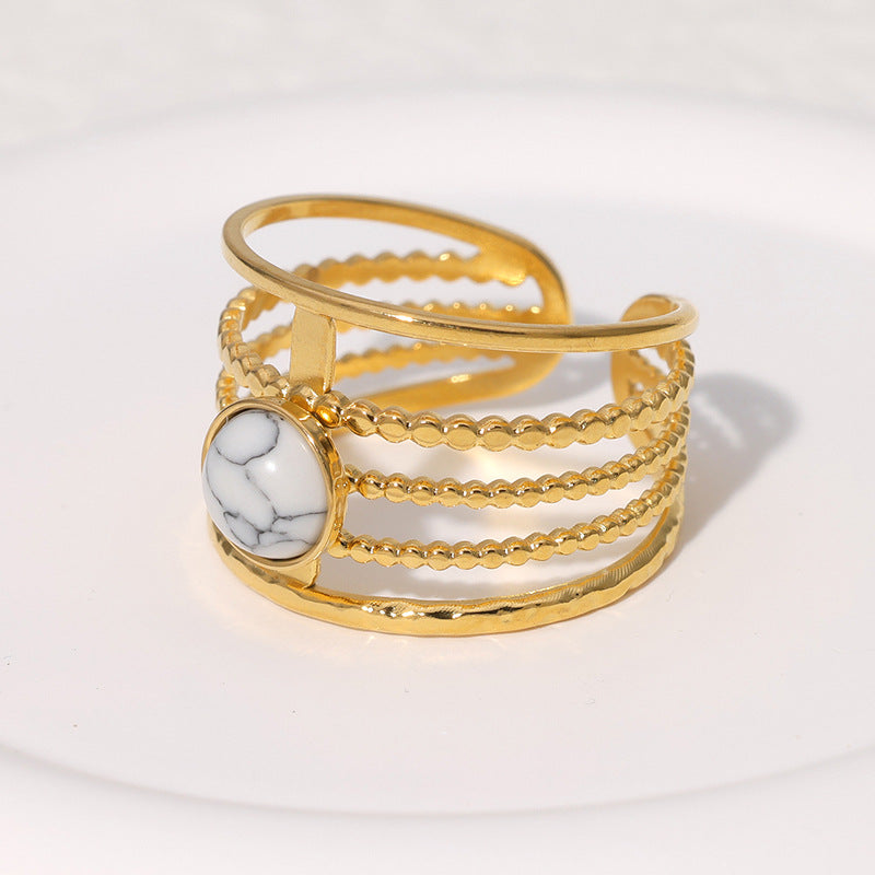 Minimalist Geometric Titanium Steel Adjustable Open Ring with Turquoise Stone for Women