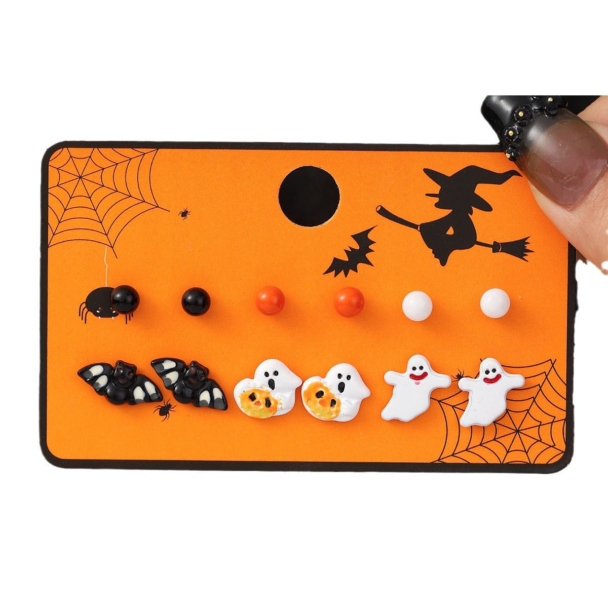 Juego de pendientes de tuerca de calabaza, fantasma y murciélago de Halloween estilo caricatura oscura en aleación con postes de acero inoxidable