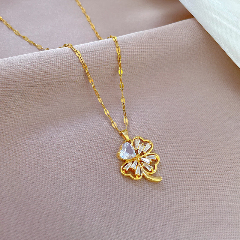 Minimalist Four-Leaf Clover Pendant Necklace and Stud Earrings Set in Titanium Steel with Plated Finish for Women