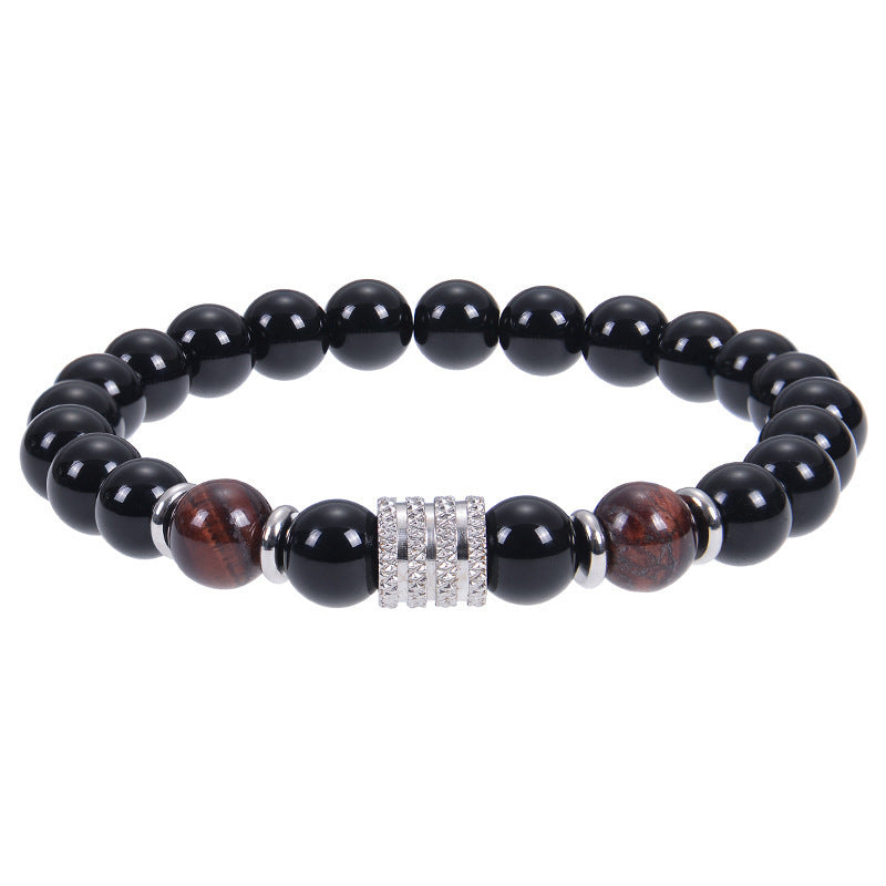 Minimalist Vintage Geometric Round Natural Obsidian Tiger Eye Stainless Steel Bracelet Unisex