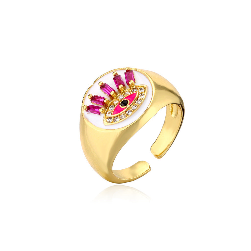 Geometric Brass Gold Plated Ring with Cubic Zirconia and Drip Oil Eye Design for Women