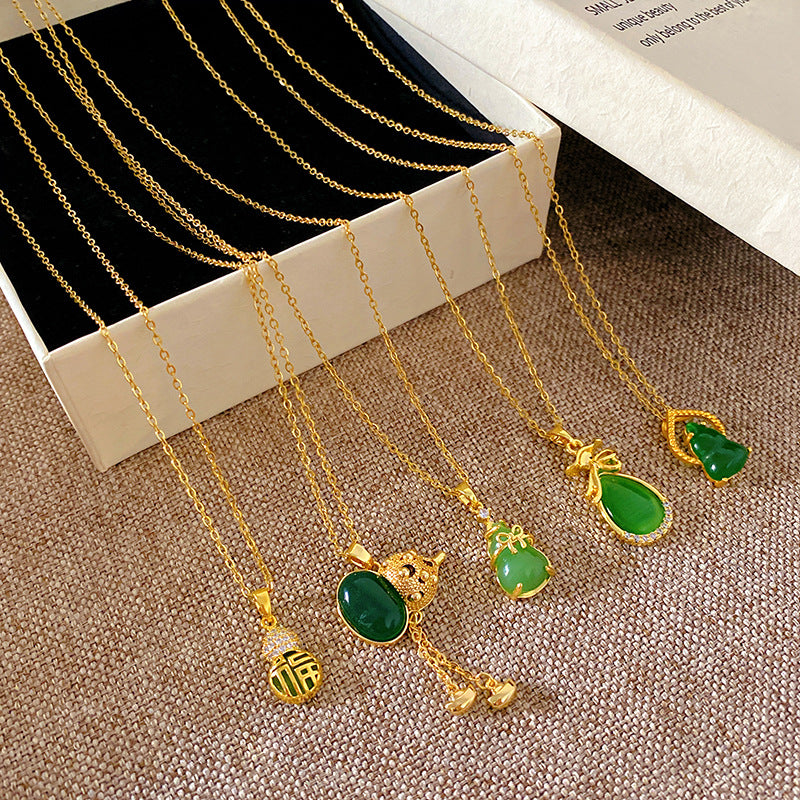 Sweet Minimalist Gourd Brass Pendant with Cubic Zirconia Inlay Titanium Steel Necklace for Women