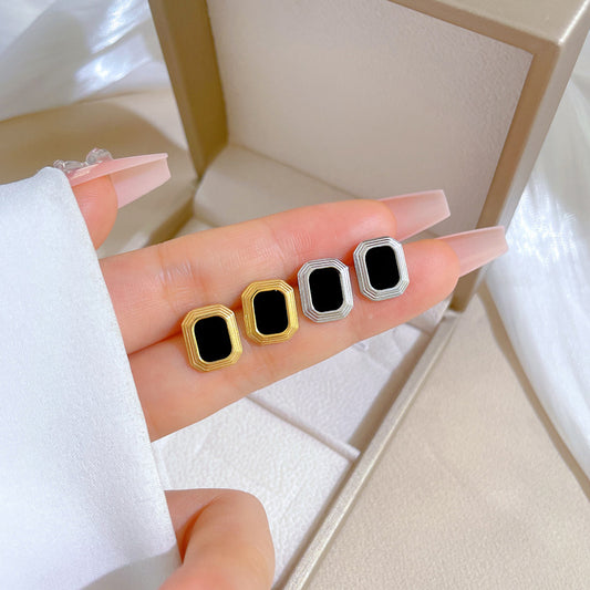 Minimalist Titanium Steel Square Agate Stud Earrings for Women Elegant Cold-Tone Party Jewelry