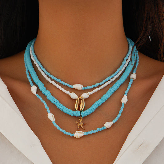 Bohemian Vintage Multilayer Necklace with Star-Shaped Shell Pendant, Electroplated Alloy, Beaded Chain