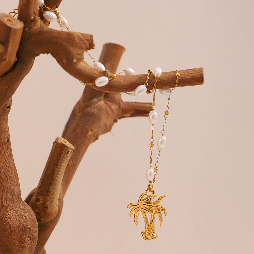 Collana con Pendente ad Albero di Cocco Tropicale alla Moda da Donna in Acciaio Inossidabile con Placcatura in Oro 18 carati e Accenti di Perle Simulate