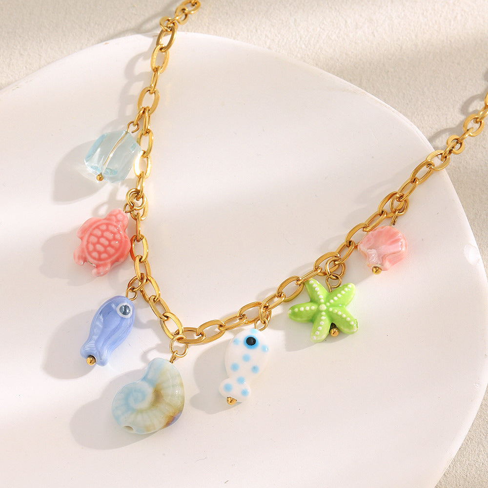 18K Gold Plated Stainless Steel Ceramic Geometric Fish Charm Bar Necklace for Women