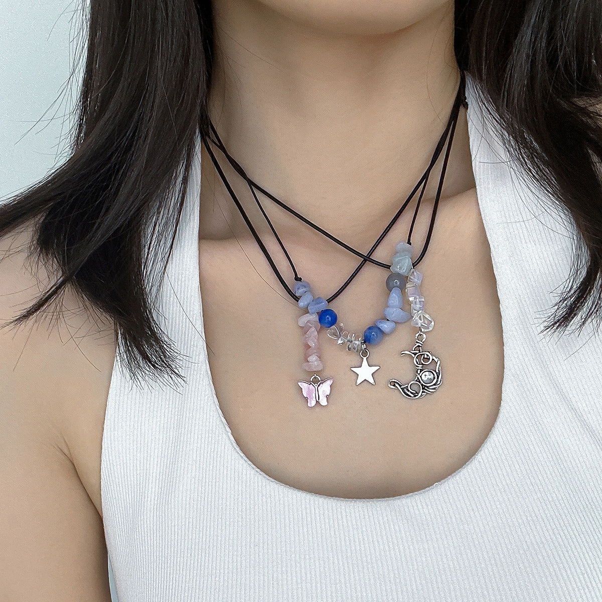 Collar de colgante rústico de mariposa con borlas, estrella, luna, amuleto de piedra irregular, cadena de aleación para mujer