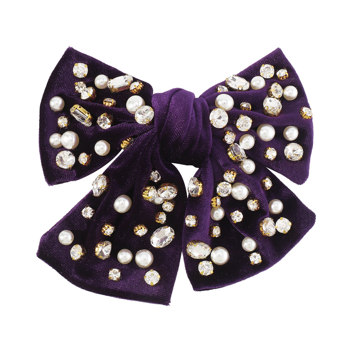 Fermaglio per Capelli Vintage Dolce e Audace con Fiocco, Intarsio di Strass e Dettagli di Perle su Base in Tessuto di Velluto a Coste per Donna