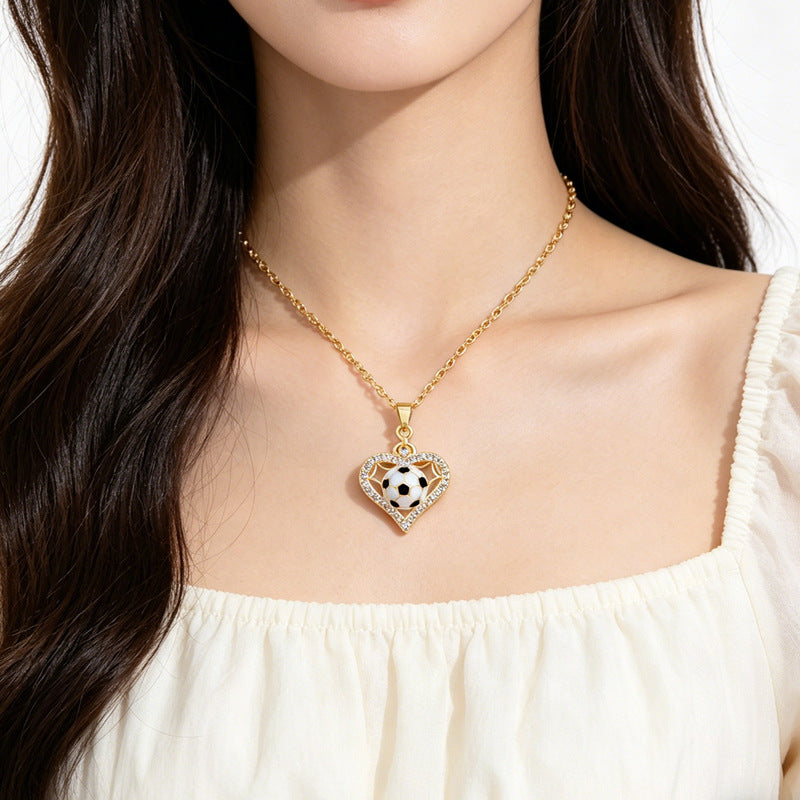Sweet Sporty Heart Geometric Rhinestone Plated Titanium Steel Necklace with Cable Chain for Unisex