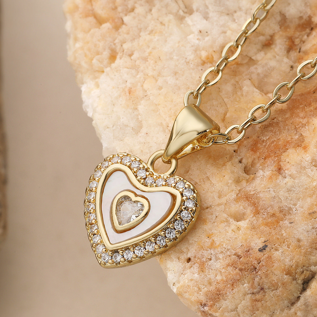 Minimalist 18K Gold Plated Brass Heart Pendant Necklace with Cubic Zirconia for Women