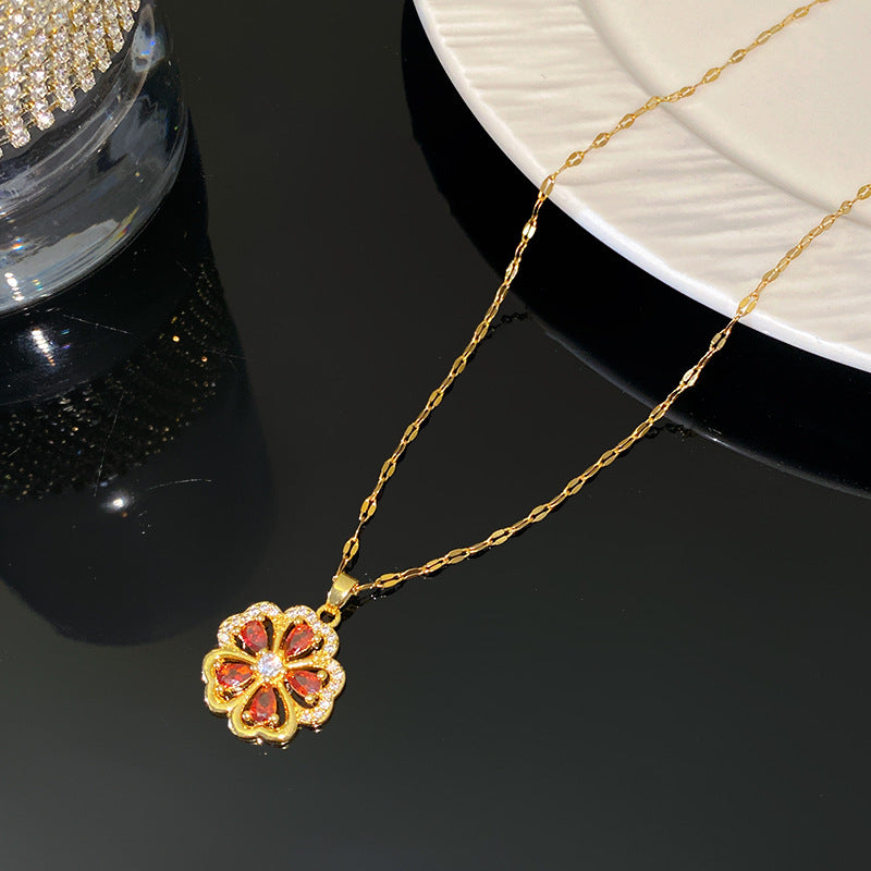Luxury Floral Rhinestone Plated Titanium Steel Necklace with Brass Pendant for Unisex