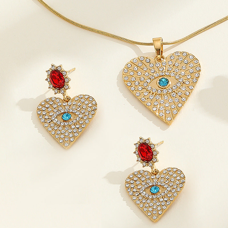 Luxury Heart-Shaped Rhinestone-Set Alloy Pendant Necklace with Matching Earrings and Bracelet for Women